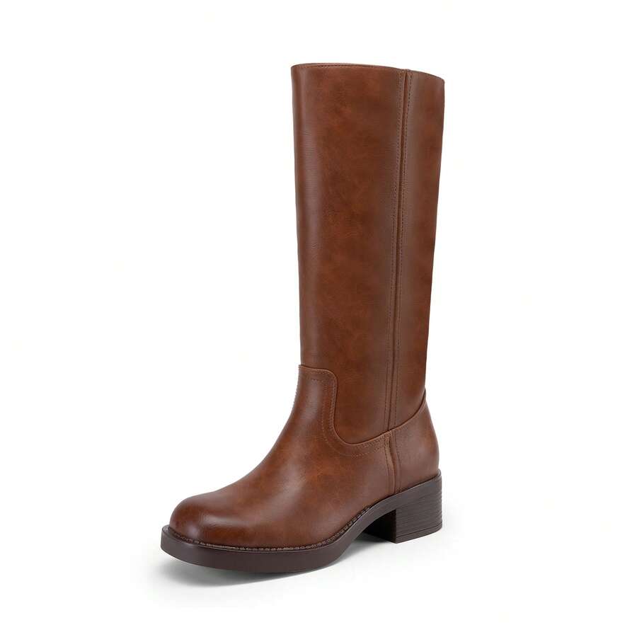 Womens Square Toe Chunky Block Heel Knee High Boots Banana Campus Boots For Women Casual Comfortable Low Heel Side Zipper Riding Tall Boots Mensa