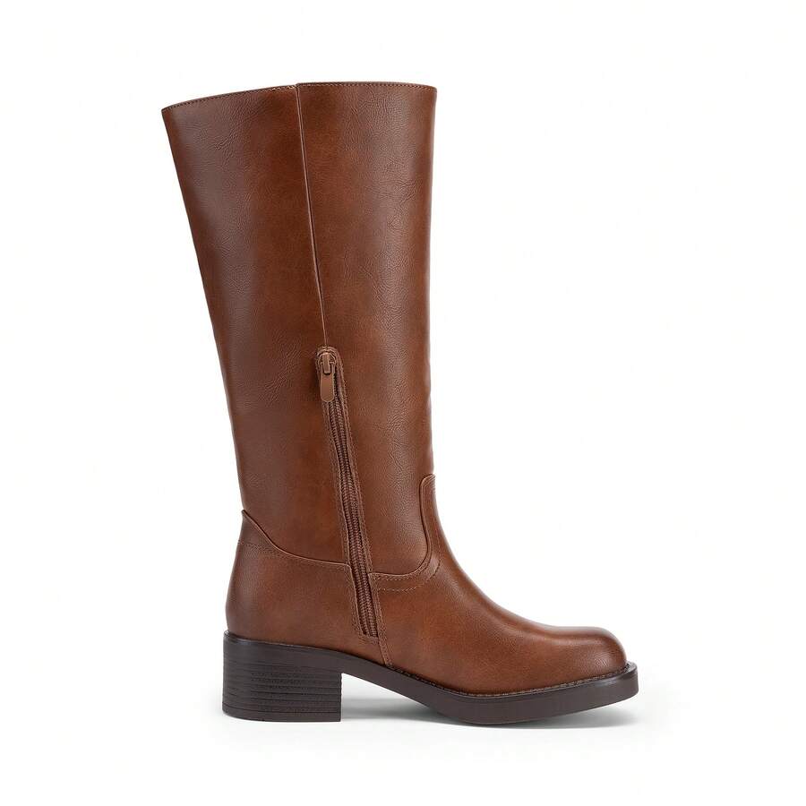 Womens Square Toe Chunky Block Heel Knee High Boots Banana Campus Boots For Women Casual Comfortable Low Heel Side Zipper Riding Tall Boots Mensa