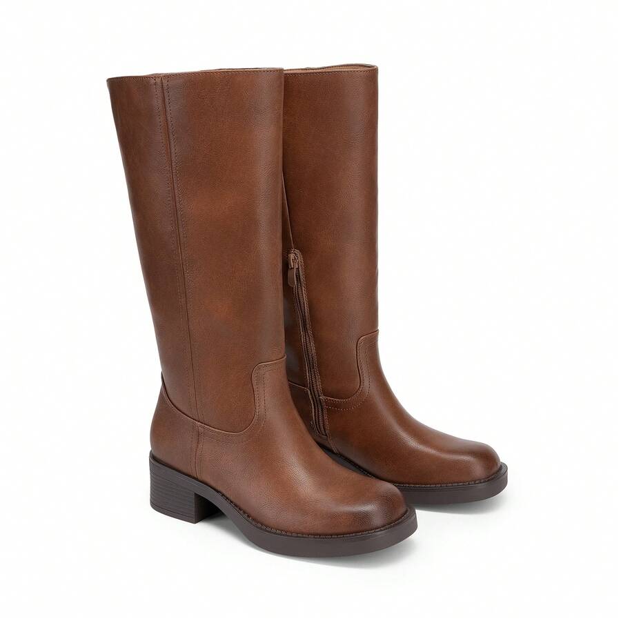 Womens Square Toe Chunky Block Heel Knee High Boots Banana Campus Boots For Women Casual Comfortable Low Heel Side Zipper Riding Tall Boots Mensa