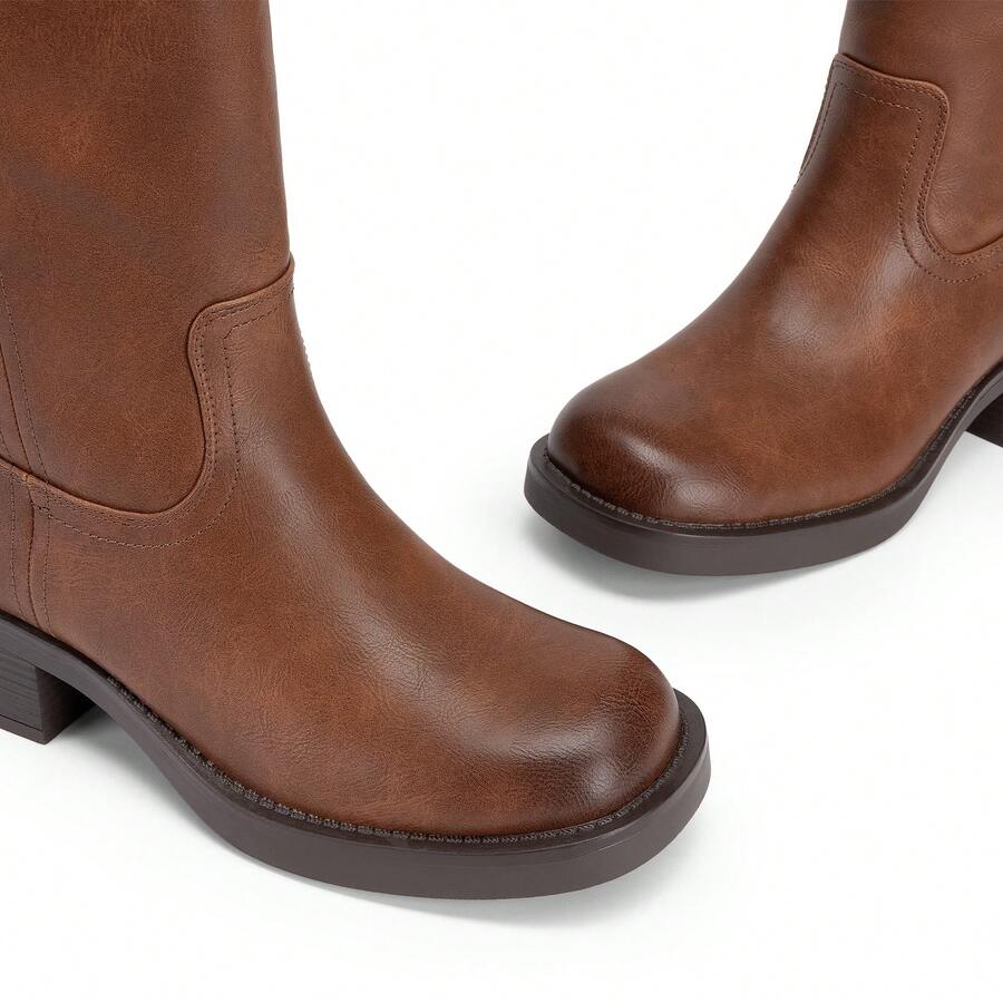 Womens Square Toe Chunky Block Heel Knee High Boots Banana Campus Boots For Women Casual Comfortable Low Heel Side Zipper Riding Tall Boots Mensa