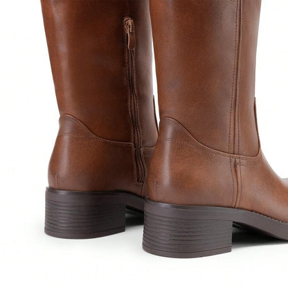 Womens Square Toe Chunky Block Heel Knee High Boots Banana Campus Boots For Women Casual Comfortable Low Heel Side Zipper Riding Tall Boots Mensa