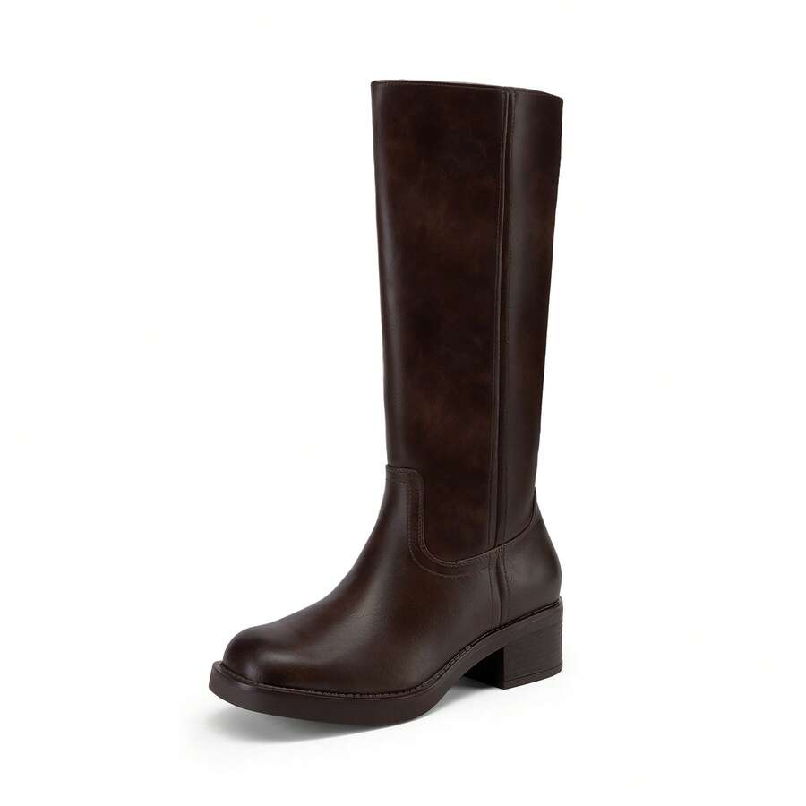 Womens Square Toe Chunky Block Heel Knee High Boots Banana Campus Boots For Women Casual Comfortable Low Heel Side Zipper Riding Tall Boots Mensa