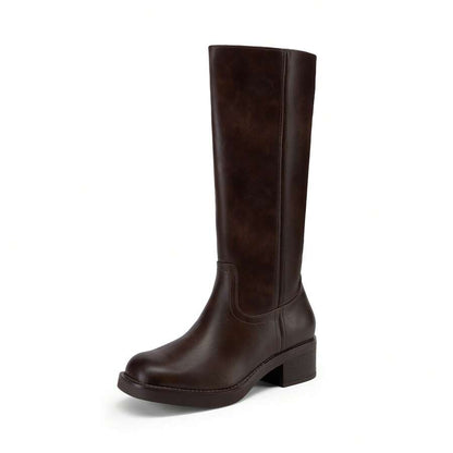 Womens Square Toe Chunky Block Heel Knee High Boots Banana Campus Boots For Women Casual Comfortable Low Heel Side Zipper Riding Tall Boots Mensa