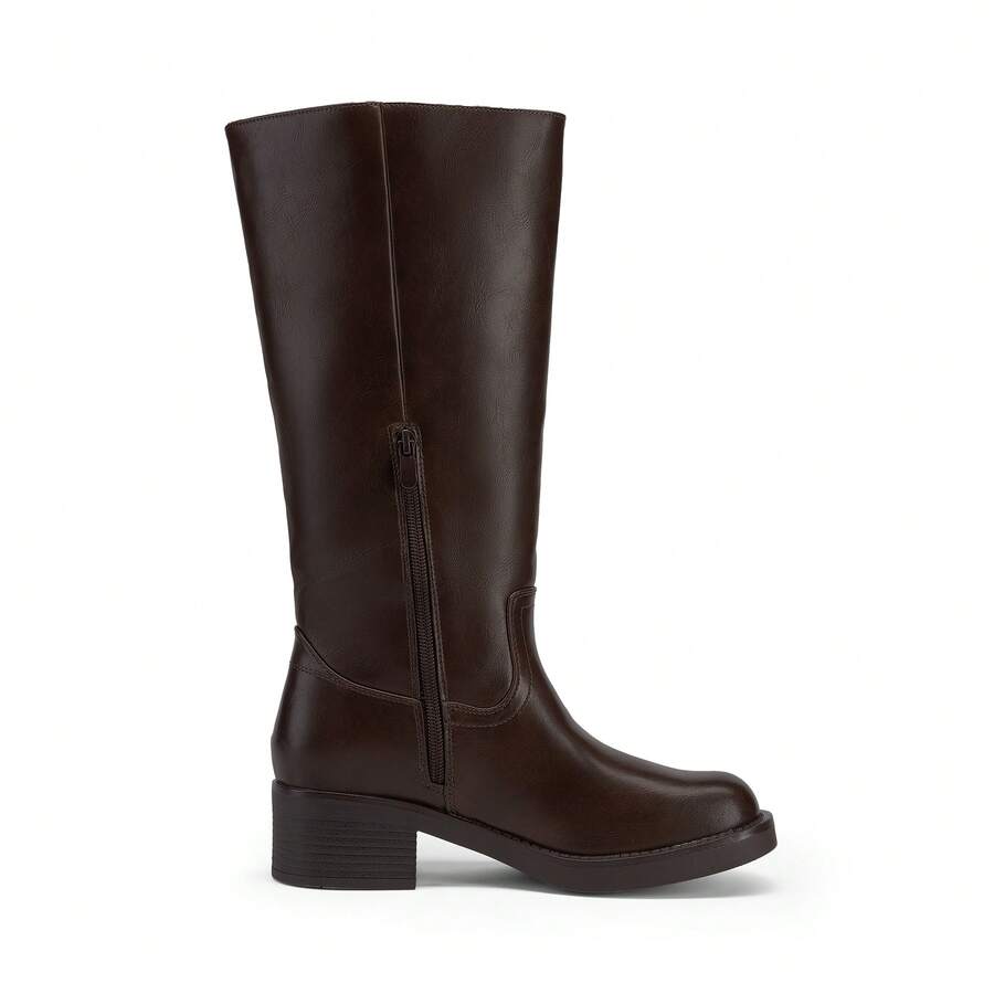 Womens Square Toe Chunky Block Heel Knee High Boots Banana Campus Boots For Women Casual Comfortable Low Heel Side Zipper Riding Tall Boots Mensa