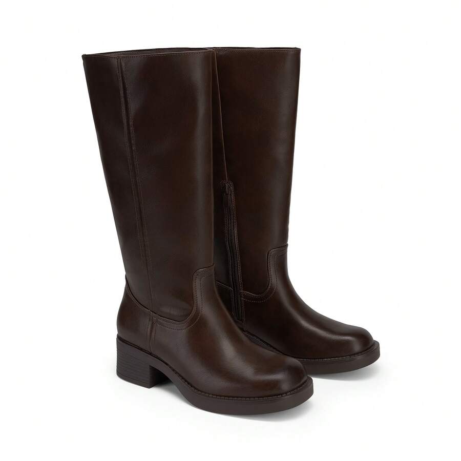 Womens Square Toe Chunky Block Heel Knee High Boots Banana Campus Boots For Women Casual Comfortable Low Heel Side Zipper Riding Tall Boots Mensa