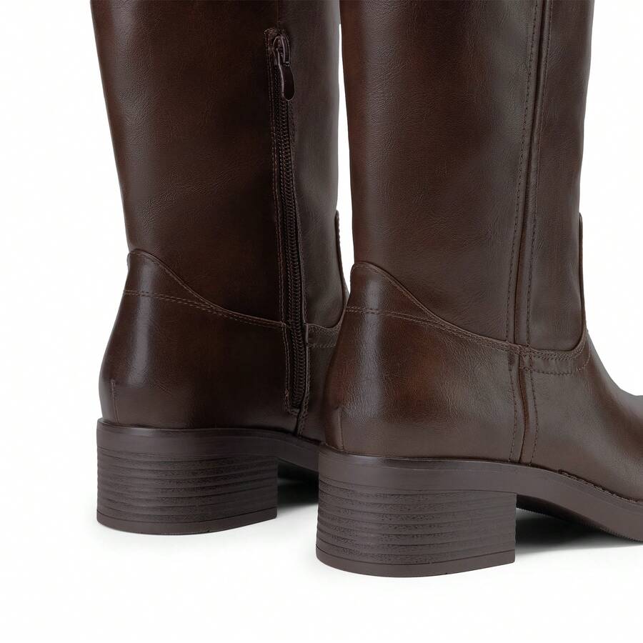 Womens Square Toe Chunky Block Heel Knee High Boots Banana Campus Boots For Women Casual Comfortable Low Heel Side Zipper Riding Tall Boots Mensa