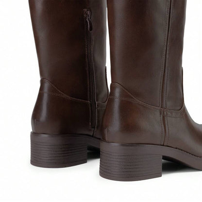 Womens Square Toe Chunky Block Heel Knee High Boots Banana Campus Boots For Women Casual Comfortable Low Heel Side Zipper Riding Tall Boots Mensa