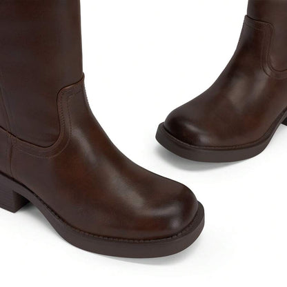 Womens Square Toe Chunky Block Heel Knee High Boots Banana Campus Boots For Women Casual Comfortable Low Heel Side Zipper Riding Tall Boots Mensa
