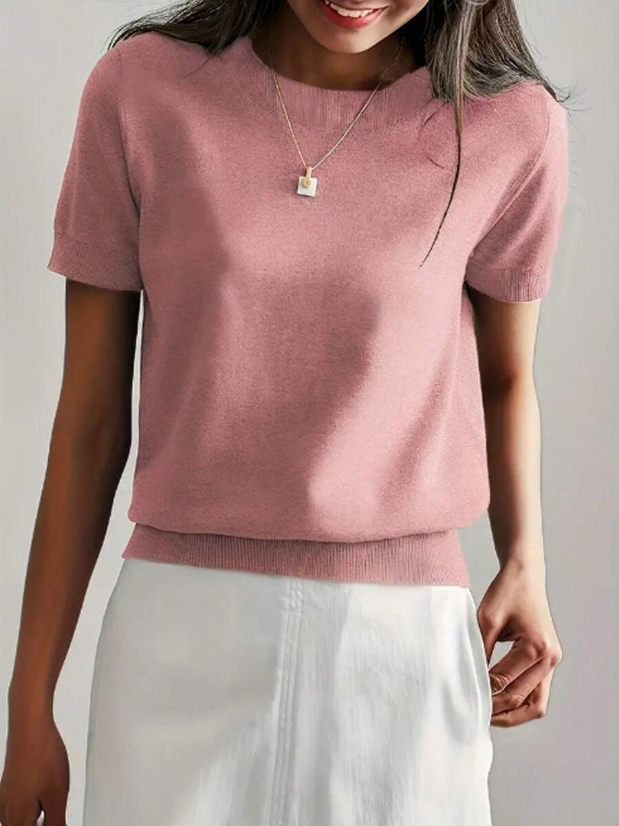Women's Fine Rib Knit Short Sleeve Top, Fitted Stretch Tee for Layering and Work - Grey