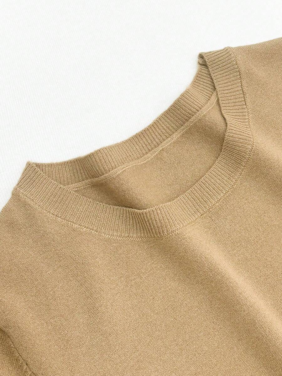 Women's Fine Rib Knit Short Sleeve Top, Fitted Stretch Tee for Layering and Work - Rose Brown