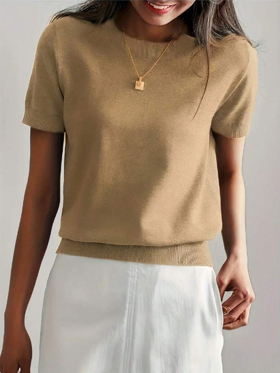 Women's Fine Rib Knit Short Sleeve Top, Fitted Stretch Tee for Layering and Work - Olive Green