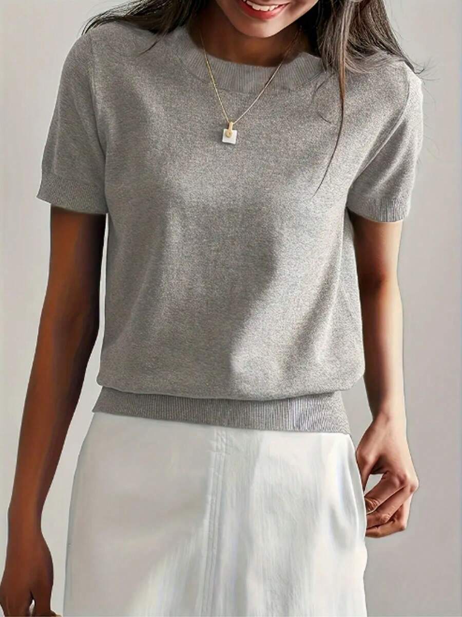 Women's Fine Rib Knit Short Sleeve Top, Fitted Stretch Tee for Layering and Work - Peacock Blue