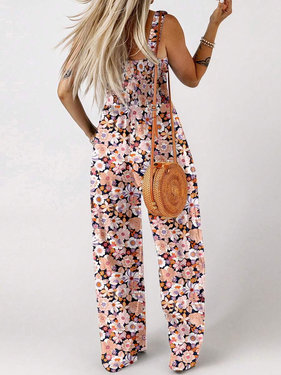 Acelitt Women's Bohemian Style Printed Square Neck Pleated Patchwork Pocket Loose Wide Leg Casual Jumpsuit, Summer Elegant Mensa