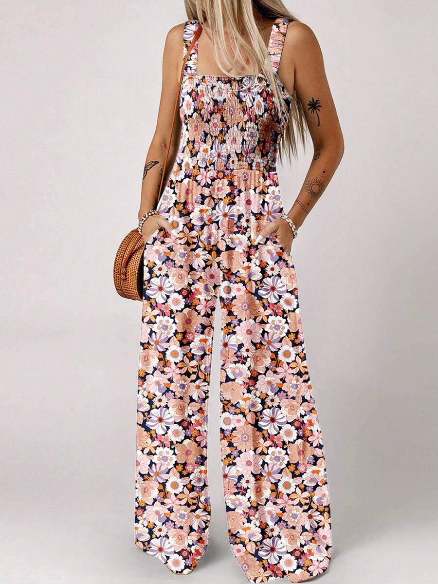 Acelitt Women's Bohemian Style Printed Square Neck Pleated Patchwork Pocket Loose Wide Leg Casual Jumpsuit, Summer Elegant Mensa