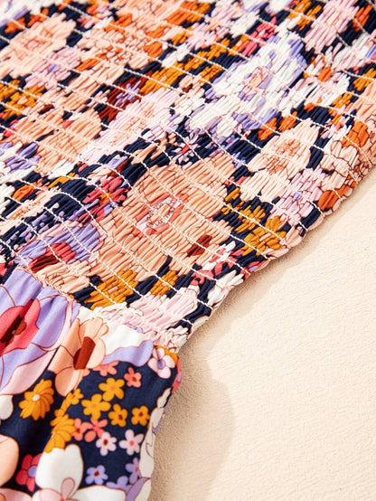 Acelitt Women's Bohemian Style Printed Square Neck Pleated Patchwork Pocket Loose Wide Leg Casual Jumpsuit, Summer Elegant Mensa