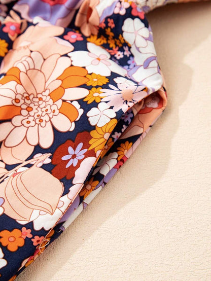 Acelitt Women's Bohemian Style Printed Square Neck Pleated Patchwork Pocket Loose Wide Leg Casual Jumpsuit, Summer Elegant Mensa