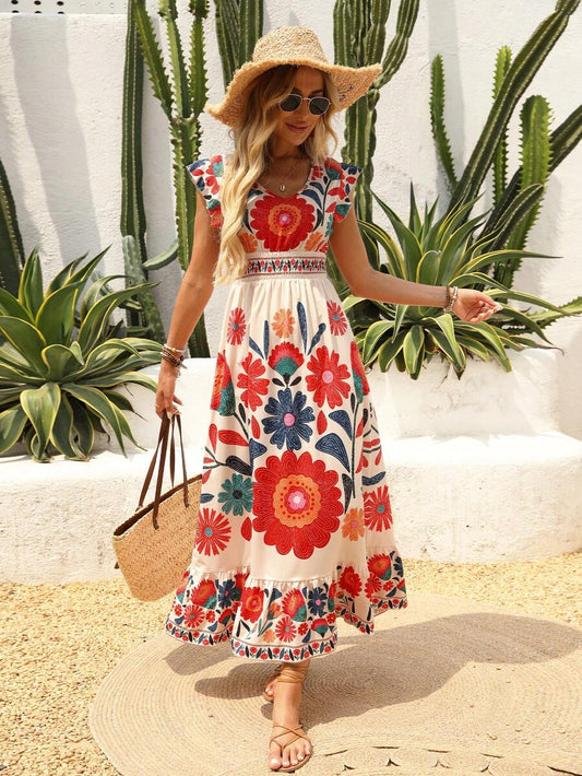New Autumn Lightweight V-Neck All-Over Cute Leaf & Floral Print Bohemian Casual Pleated Ruffle Hem Waist Splice Dress, Suitable For Music Festivals, Ladies' Holidays, Country Music Concerts Mensa