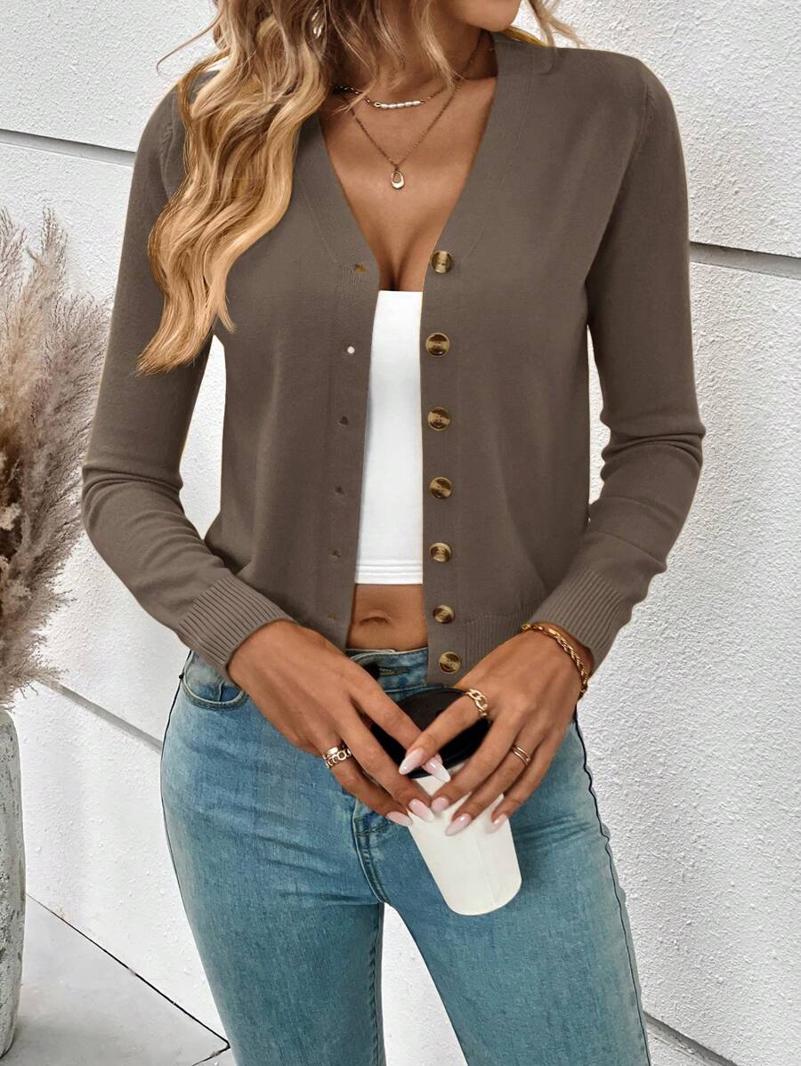 Georgiana Slim Ribbed V-Neck Button Front Knit Cardigan - Brown