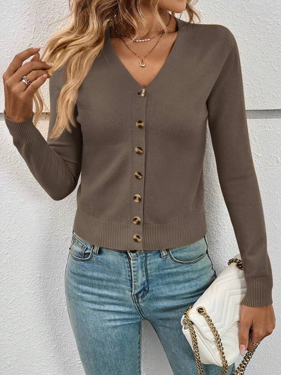 Georgiana Slim Ribbed V-Neck Button Front Knit Cardigan - Brown