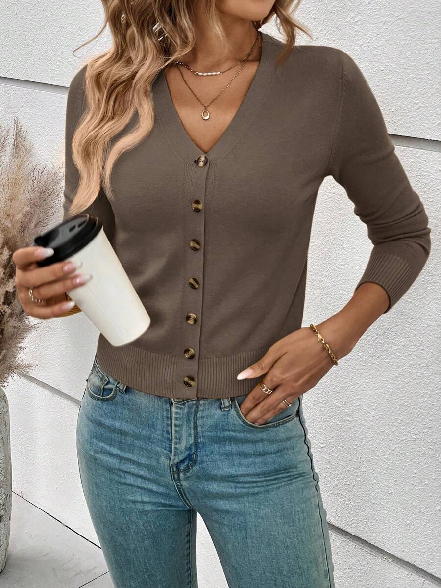 Georgiana Slim Ribbed V-Neck Button Front Knit Cardigan - Brown