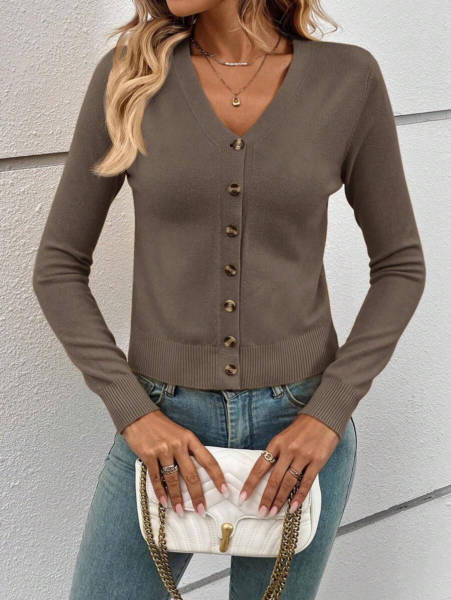 Georgiana Slim Ribbed V-Neck Button Front Knit Cardigan - Brown
