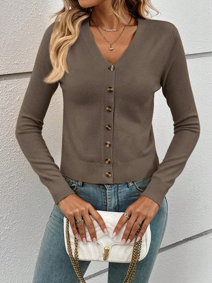 Georgiana Slim Ribbed V-Neck Button Front Knit Cardigan - Brown