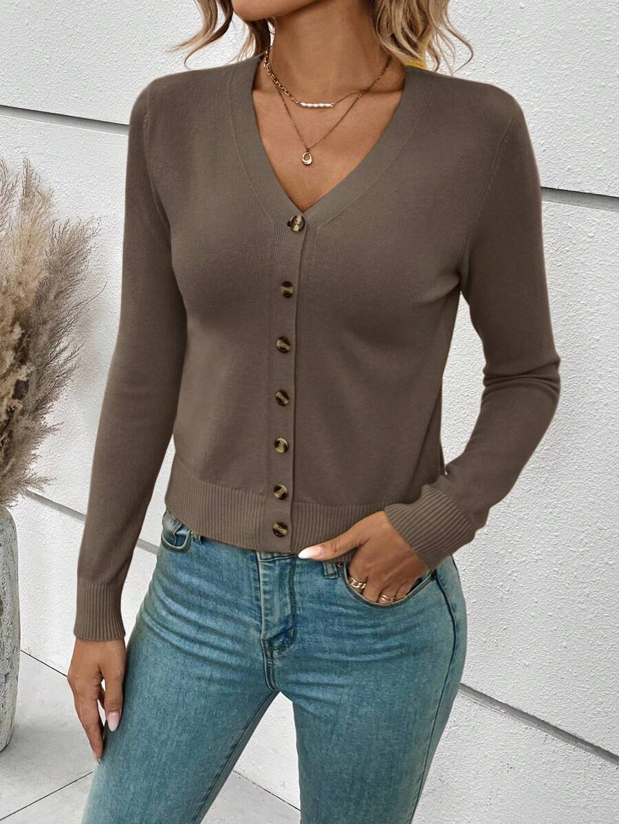Georgiana Slim Ribbed V-Neck Button Front Knit Cardigan - Brown