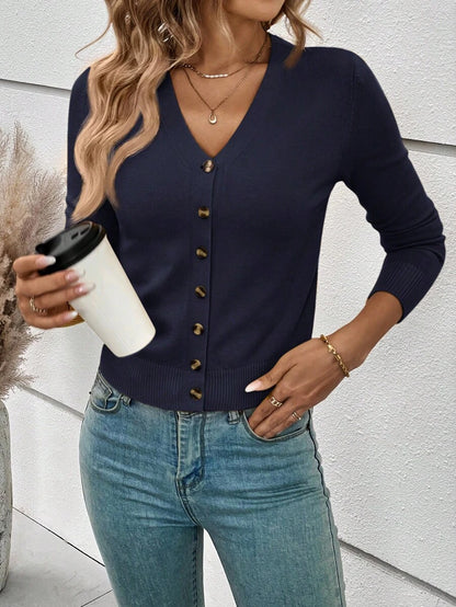 Georgiana Slim Ribbed V-Neck Button Front Knit Cardigan - Navy Blue