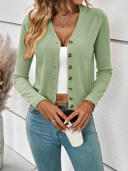 Georgiana Slim Ribbed V-Neck Button Front Knit Cardigan - Sage Green