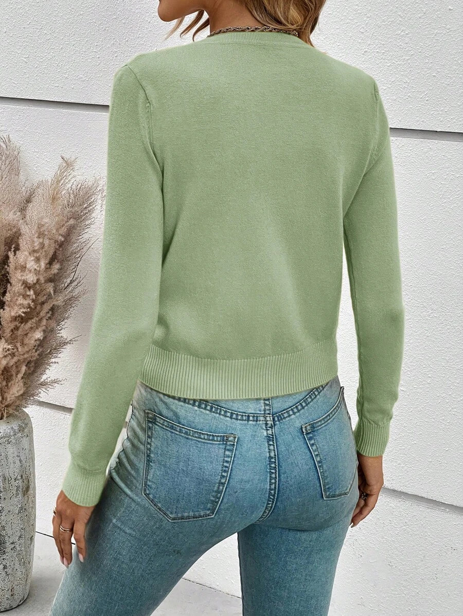 Georgiana Slim Ribbed V-Neck Button Front Knit Cardigan - Sage Green