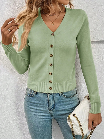 Georgiana Slim Ribbed V-Neck Button Front Knit Cardigan - Sage Green