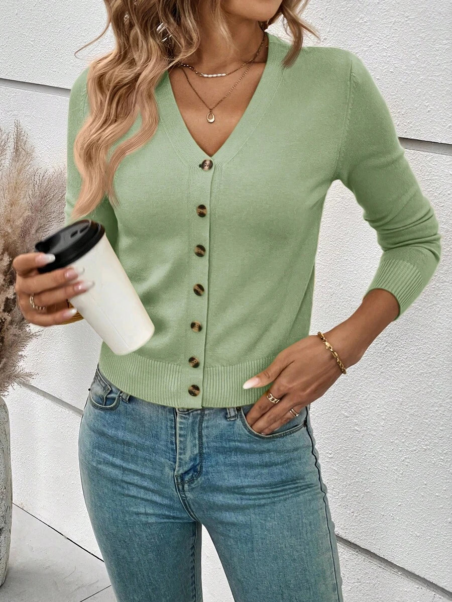 Georgiana Slim Ribbed V-Neck Button Front Knit Cardigan - Sage Green