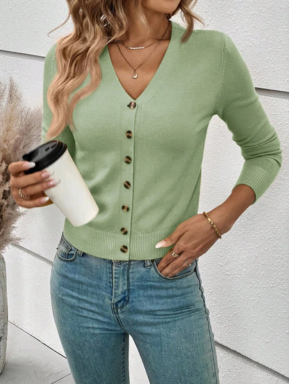 Georgiana Slim Ribbed V-Neck Button Front Knit Cardigan - Sage Green