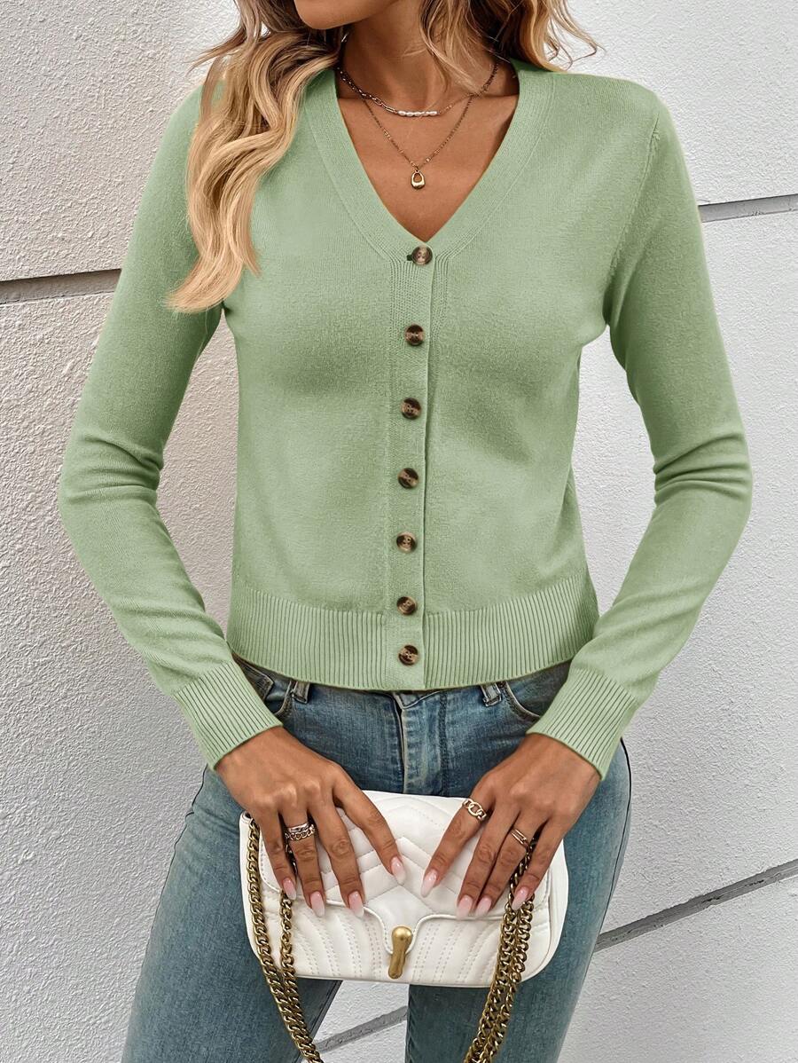 Georgiana Slim Ribbed V-Neck Button Front Knit Cardigan - Sage Green