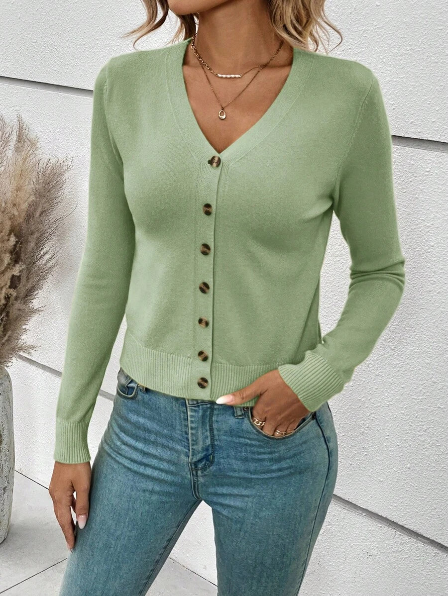 Georgiana Slim Ribbed V-Neck Button Front Knit Cardigan - Sage Green
