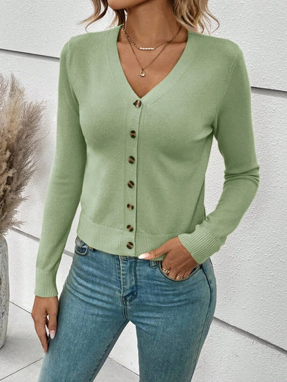 Georgiana Slim Ribbed V-Neck Button Front Knit Cardigan - Sage Green