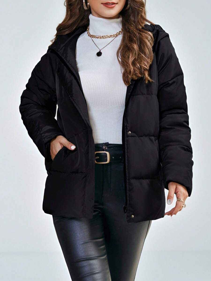 Solange Quilted Hooded Puffer Jacket Hip Length with Pockets - Black