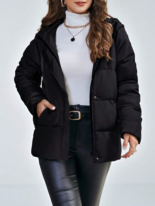 Solange Quilted Hooded Puffer Jacket Hip Length with Pockets - Black