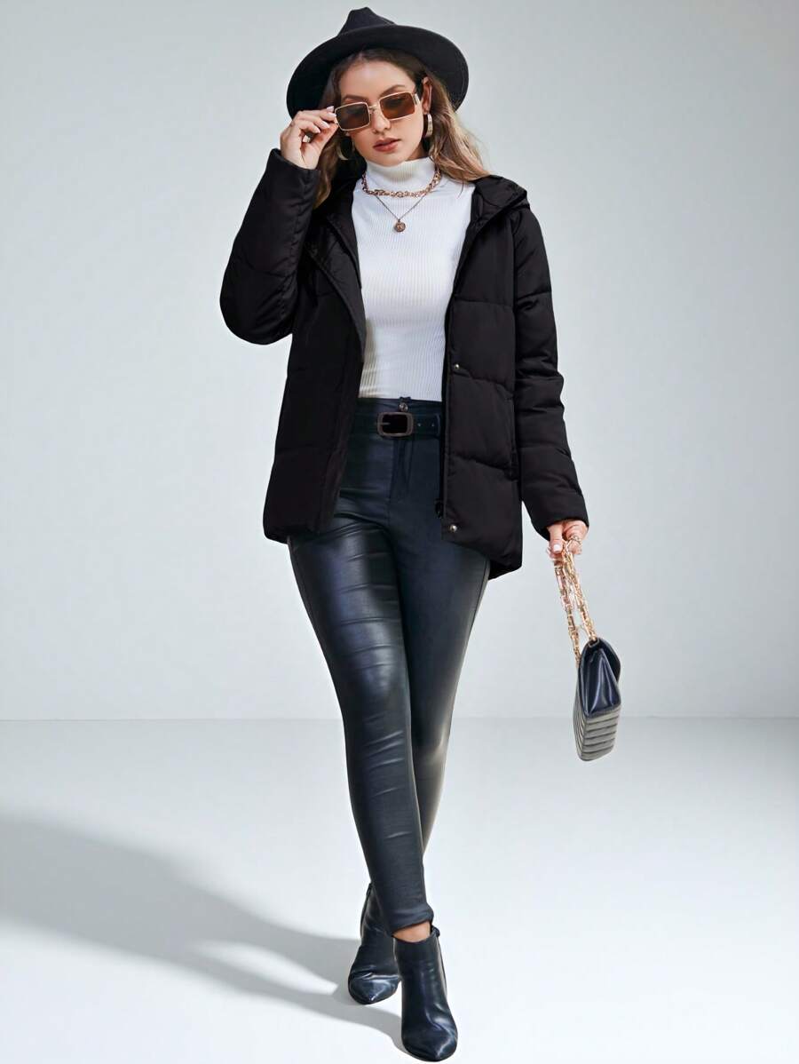 Solange Quilted Hooded Puffer Jacket Hip Length with Pockets - Black