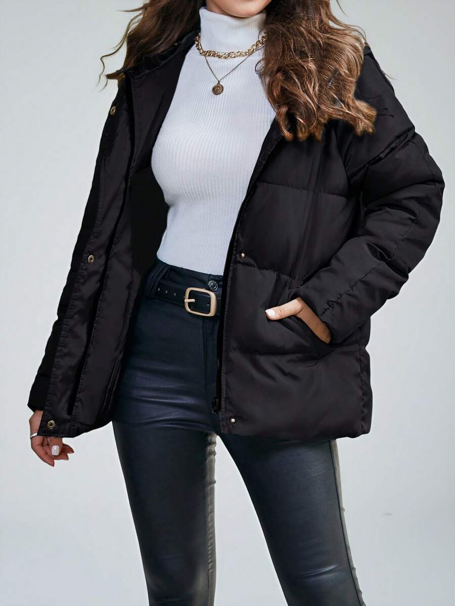 Solange Quilted Hooded Puffer Jacket Hip Length with Pockets - Black