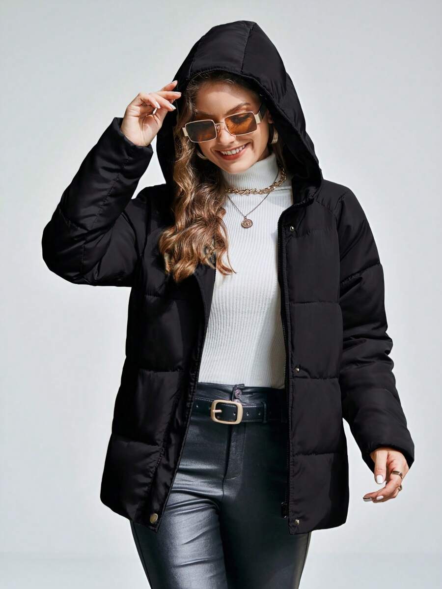 Solange Quilted Hooded Puffer Jacket Hip Length with Pockets - Black