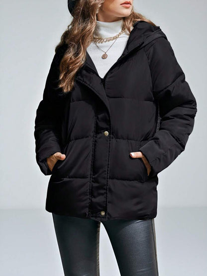 Solange Quilted Hooded Puffer Jacket Hip Length with Pockets - Black