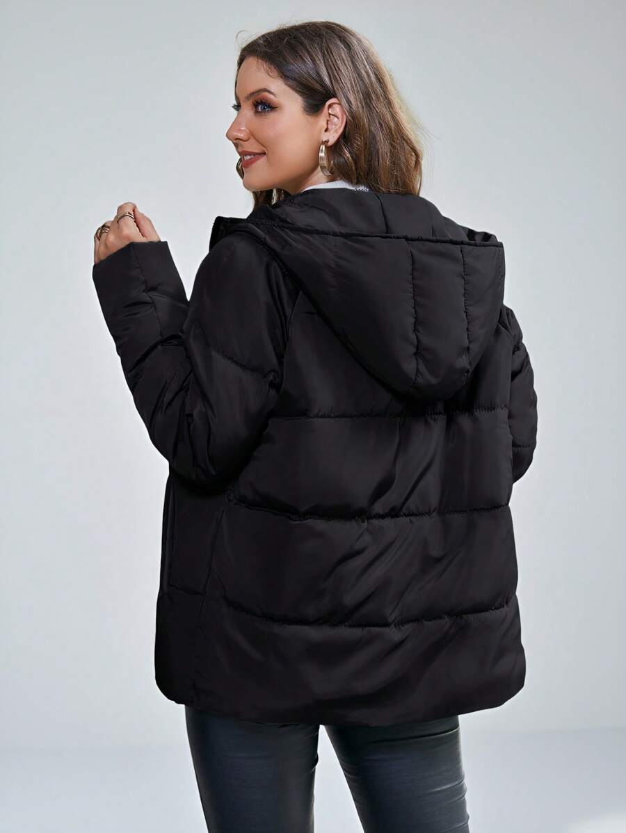Solange Quilted Hooded Puffer Jacket Hip Length with Pockets - Black