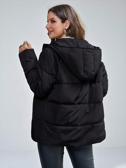 Solange Quilted Hooded Puffer Jacket Hip Length with Pockets - Black