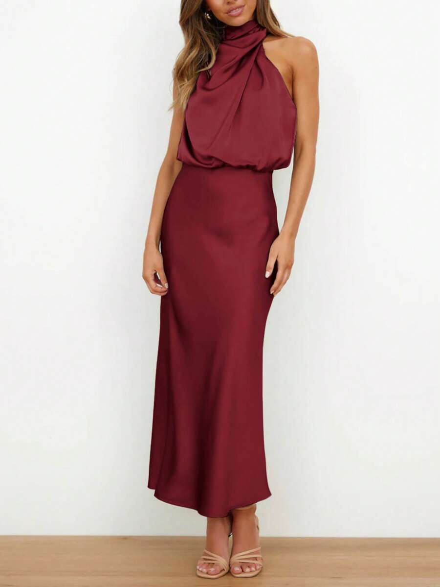 Women's Satin Cowl Neck Halter Midi Dress, Lined Silky Dress for Wedding Guest and Evening - Black