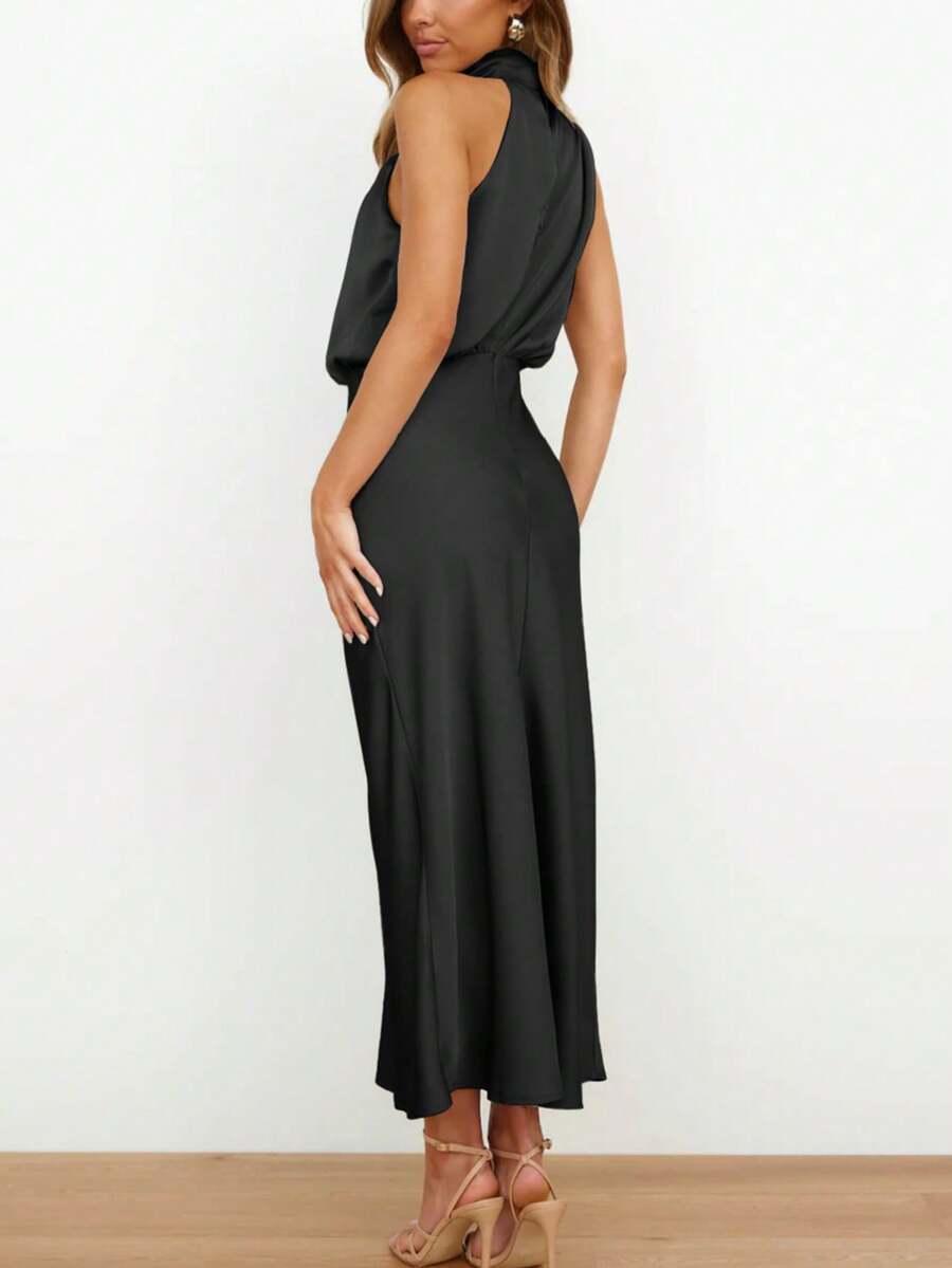 Women's Satin Cowl Neck Halter Midi Dress, Lined Silky Dress for Wedding Guest and Evening - Black