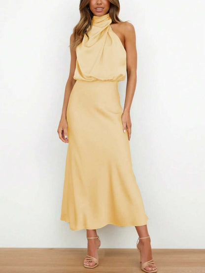 Women's Satin Cowl Neck Halter Midi Dress, Lined Silky Dress for Wedding Guest and Evening - Black
