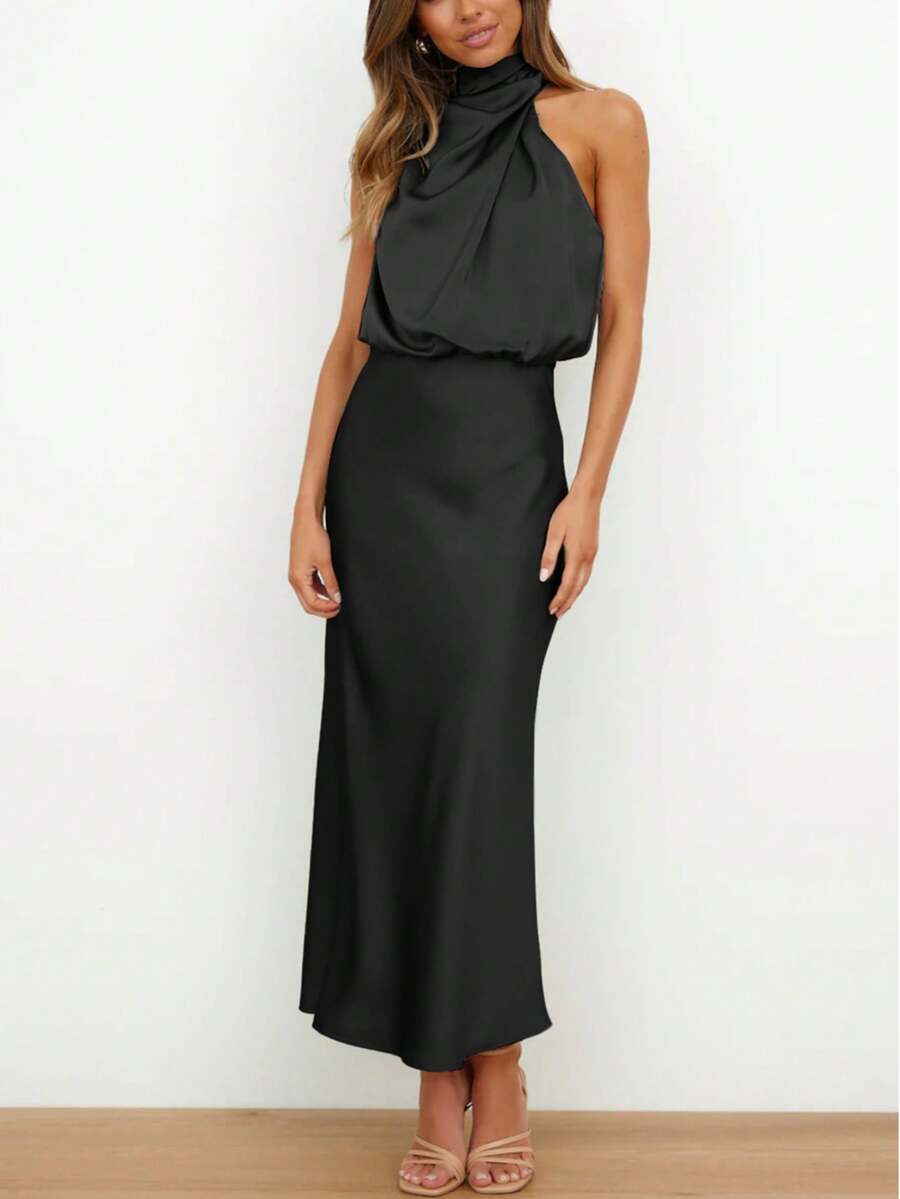 Women's Satin Cowl Neck Halter Midi Dress, Lined Silky Dress for Wedding Guest and Evening - Black