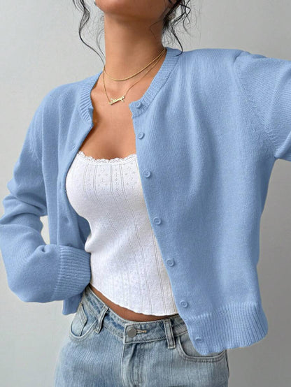 Elowen Round Neck Cropped Cardigan - Green