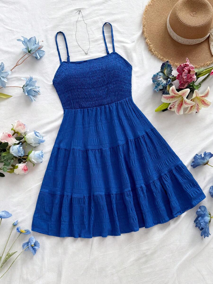 Soleia Women's Summer Holiday Solid Color Spaghetti Strap Dress With Ruffled Hem Mensa